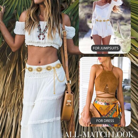 Metal Waist Chain Link Belt for Women Western Boho Turquoise Dress Jeans - Picture 6 of 9